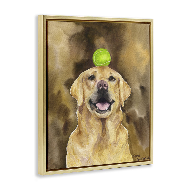 Golden Retriever avec cadre flottant de balle de tennis, design par George Dyachenko, H 31 po x l 25 po