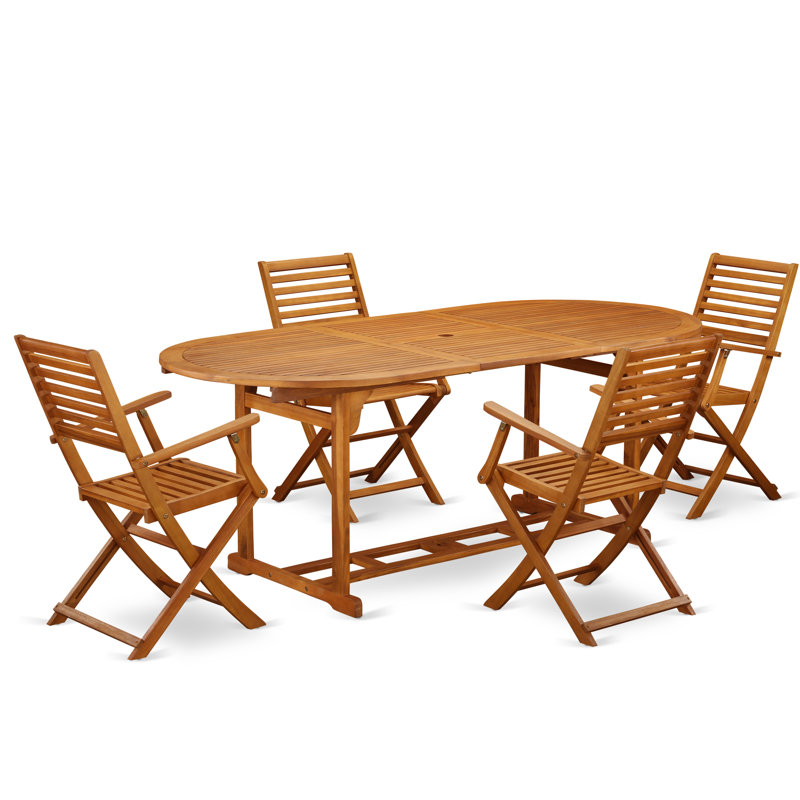 Ensemble 5 pièces de mobilier de bistro de patio comprenant une table ovale d'extérieur en bois d'acacia et 4 chaises pliantes à accoudoirs, 36 po x 78 po, huile naturelle