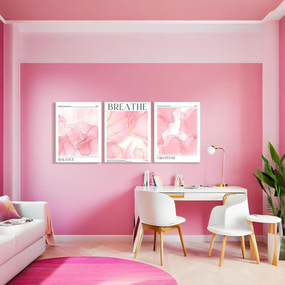 3 Pcs Framed Pink Abstract Motivational With Text Fashion Wall Art Decor Canvas Print Poster Balance Breathe Gratitude Wall Painting Poster For Bedroom Dresser Decor 16X24 Inches Ready To Hang