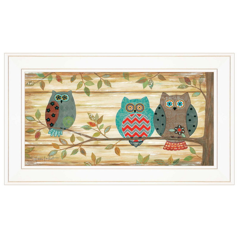 «Three Wise Owls», art mural encadré pour le salon, la maison par Annie Lapoint, White Framed