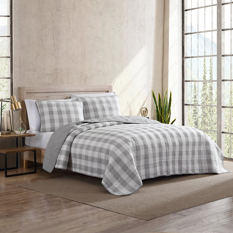 Ensemble de courtepointe réversible 100% coton Cooper, Courtepointe pour lit simple + 1 taie décorative , Gris clair