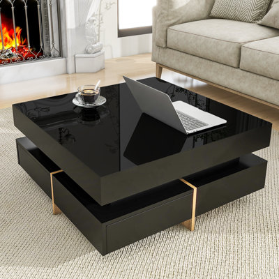 Table basse carrée moderne ultra-brillante avec 4 tiroirs et pieds en grain de bois - Table de rangement et table à thé, 31,5 po x 31,5 po, noir