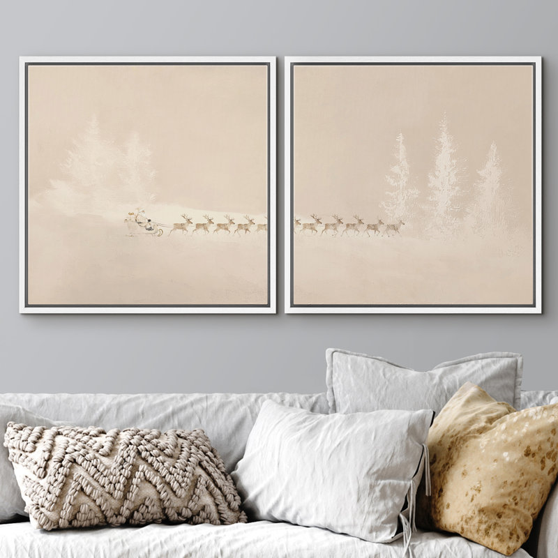 «Minimal Christmas Reindeer Sleigh Winter Forest Scene», reproduction d'art encadrée de la chambre principale, 2 pièces