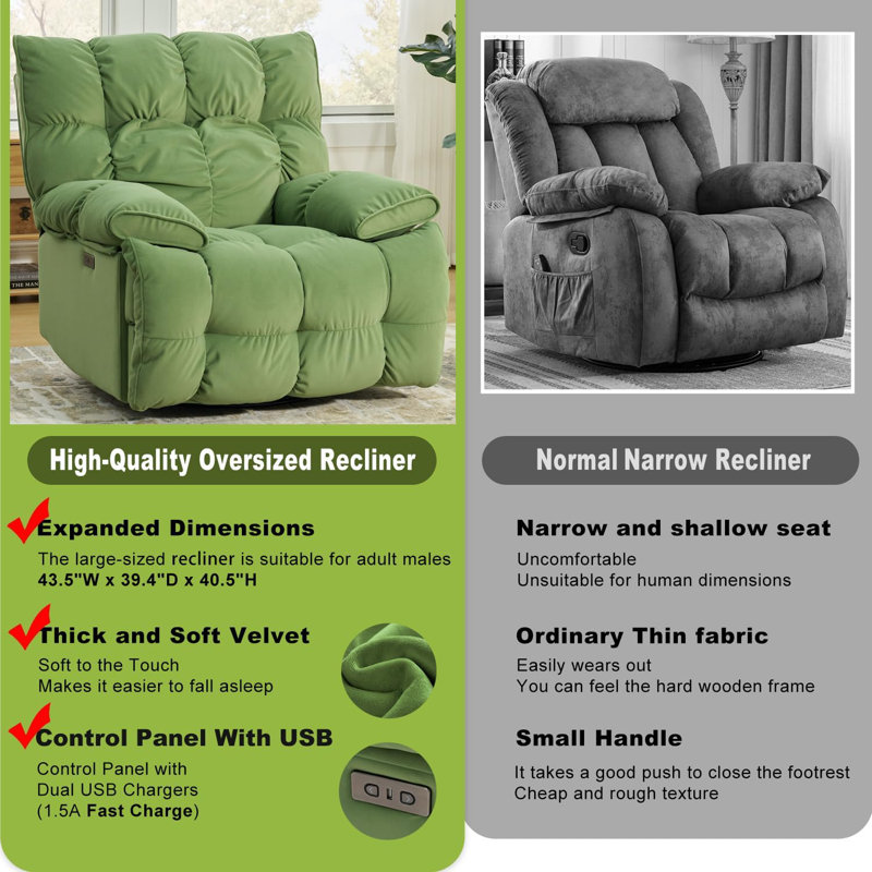 Fauteuil inclinable électrique surdimensionné 43,5 po Adyen, pivotant à 360 °, berçant à 30 °, Vert