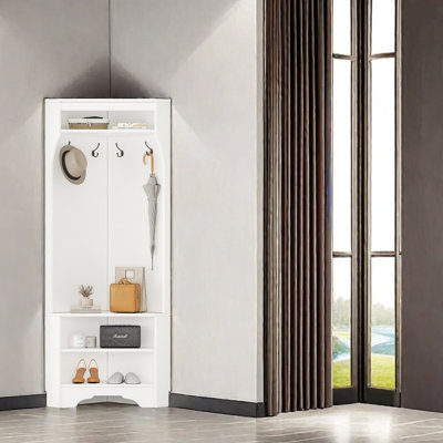 Minimalist Corner Hall Tree With Shoe Bench, 4-Hook Coat Rack, Adjustable Shelf, And Skirting Line Design, Space-Saving Corner Cabinet For Entryway, Living Room, And Bedroom