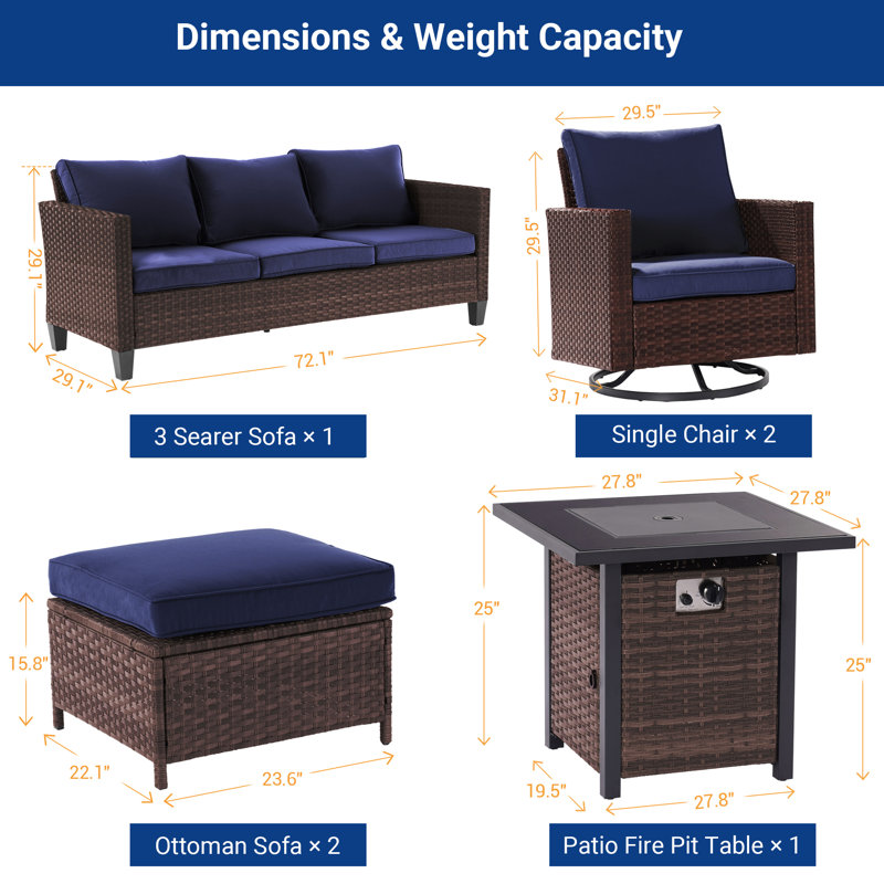 Ensemble de canapés de patio 6 pièces avec table de foyer 28 po, chaises berçantes pivotantes en osier de rotin PE pour patio, terrasse et cour