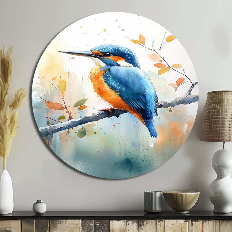 Joelaine - oiseau mural rond en métal, décoration murale moderne en métal bleu, H 16 po x l 16 po