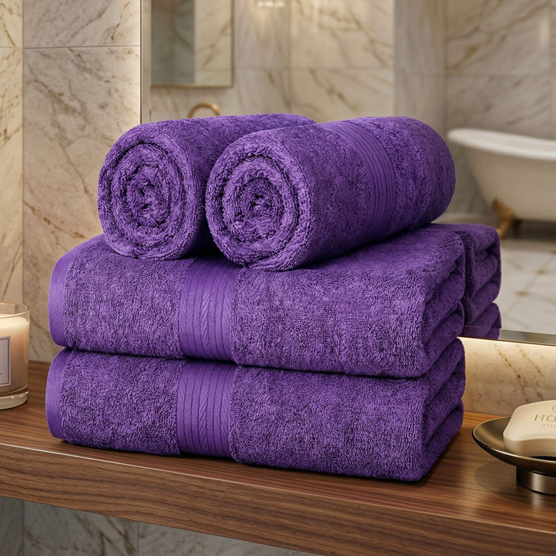 Ensemble de serviettes essuie-mains 100% coton absorbant et à séchage rapide 4 pièces, Mauve
