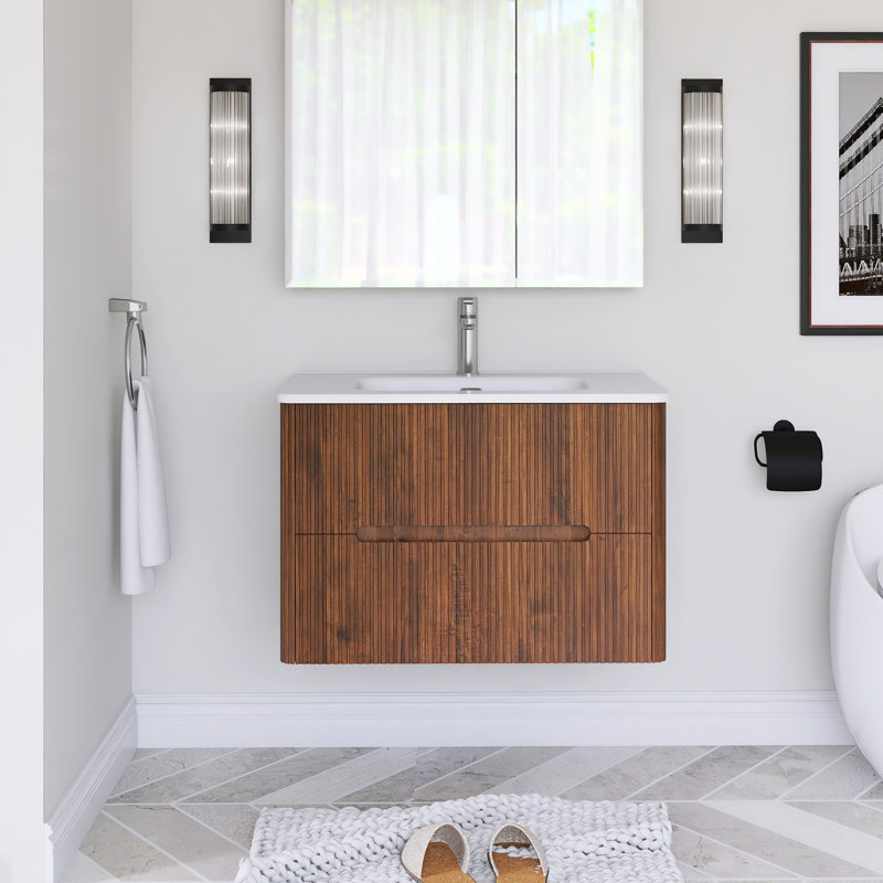 Ensemble de meuble-lavabo mural 30 po avec comptoir intégré en céramique, Noyer