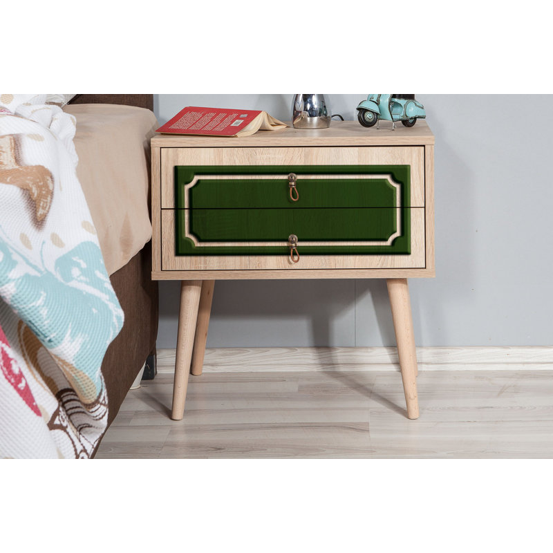 Table de chevet 2 tiroirs Kira, Noyer / vert