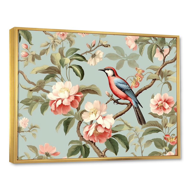 Chinoiserie, oiseaux et pivoines III sur toile, Cadre flottant doré, H 16 po x l 32 po x P 1 po
