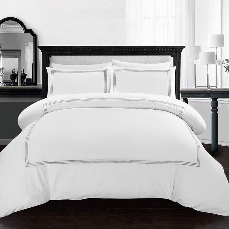 My Home Store Junco Duvet Cover Set Microfiber 3 Piece Luxury Bratta Stitch Duvet Cover Sets With Pillowcase, White/Grey