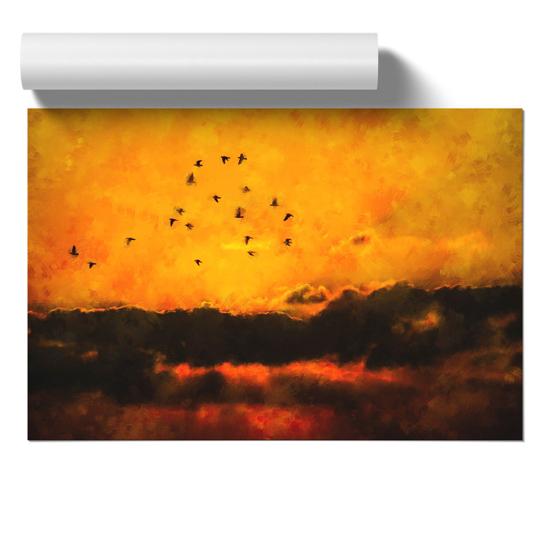 Birds and Orange Sunset Painting - Frameless Print, 30cm H x 42cm W x 0.1cm D