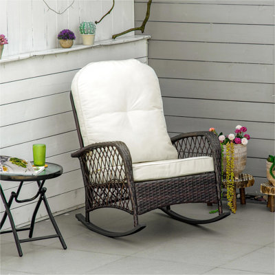 Outsunny Outdoor Wicker Rocking Chair with Wide Seat, Thick, Soft Cushion, Rattan Rocker w/Steel Frame, High Weight Capacity for Patio, Garden, Backyard, Cream White