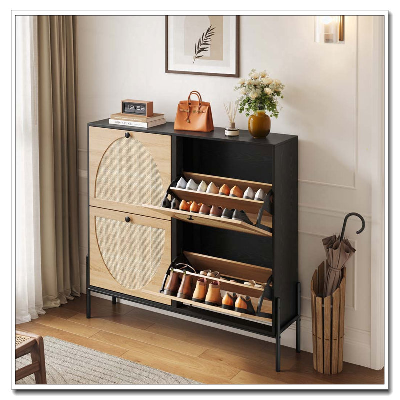 Rattan Shoe Cabinet with 4 Flip-Down Doors, Black