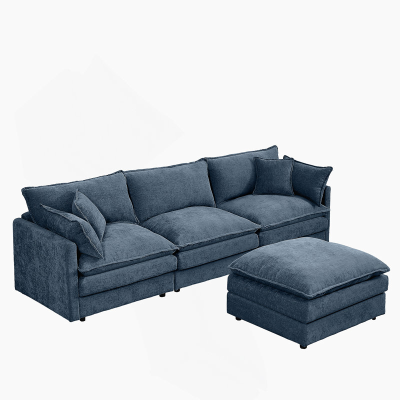 Modular Sectional Sofa, 3-Seater Couch With Movable Ottoman, Blue
