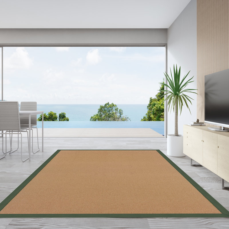 Nannette Handmade Dark Beige Berber with Green Cotton Border Made in the USA Area Rug, Rectangle 9'10" x 13'