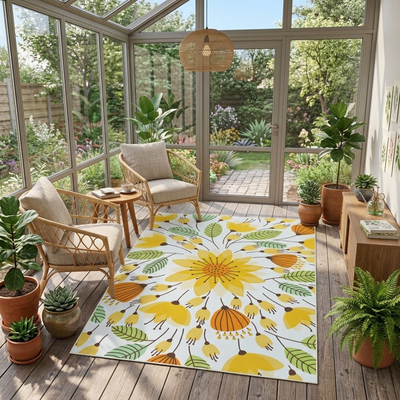 Frankin Washable Floral Area Rug, Indoor Non-Slip Low-Pile Mesh Rug for Living Room, Bedroom, Kitchen & Entryway​