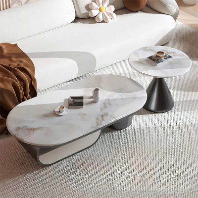Table basse ovale en bois manufacturé blanc et acier inoxydable