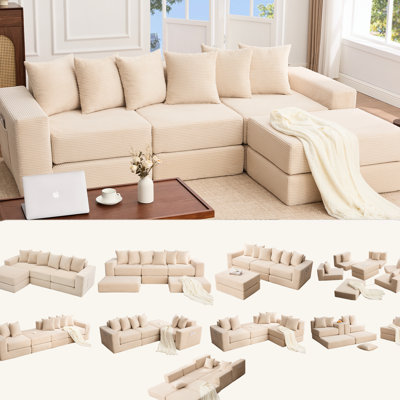 Canapé-lit convertible 10-en-1 en velours côtelé, modulable en forme de L, 6 coussins, beige, idéal pour les petits espaces. Canapé d'angle, modulaire, sans assemblage requis. Convient à tous les espaces et pièces.