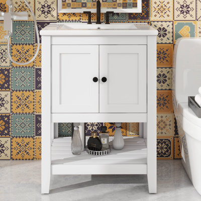24 Inch Chic Modern Bathroom Vanity With Exquisite Ceramic Basin And Open Style Shelf