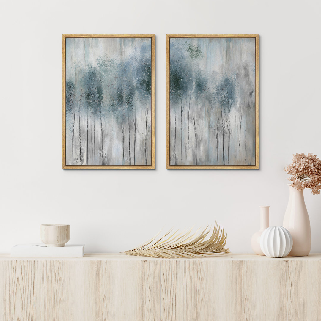 Abstract Forest Pastel Watercolor Teal Blue Forest Abstract Landscape Framed On Canvas 2 Pieces Print Wall Art IDEA4WALL Frame 