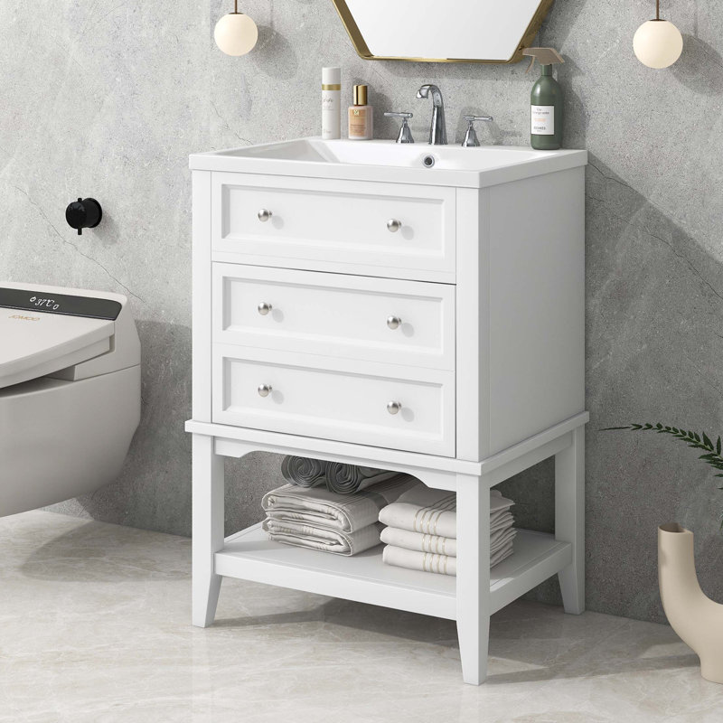 Meuble-lavabo 24 po avec lavabo, armoire de rangement avec tiroir et tablette ouverte, structure en bois massif