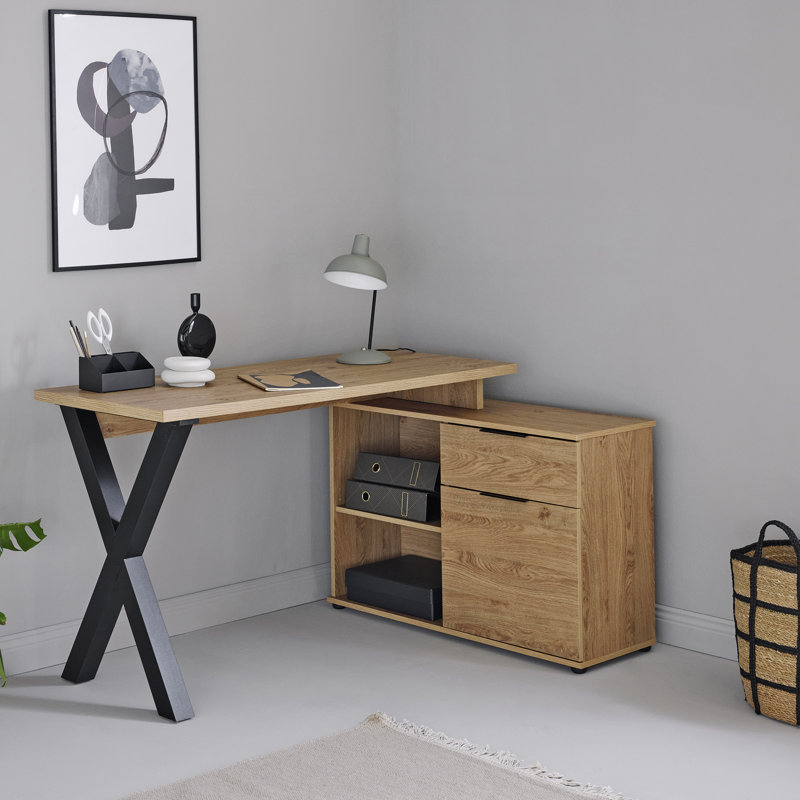 Bureau d'écriture en L avec armoire Geles, Chêne Montana / noir