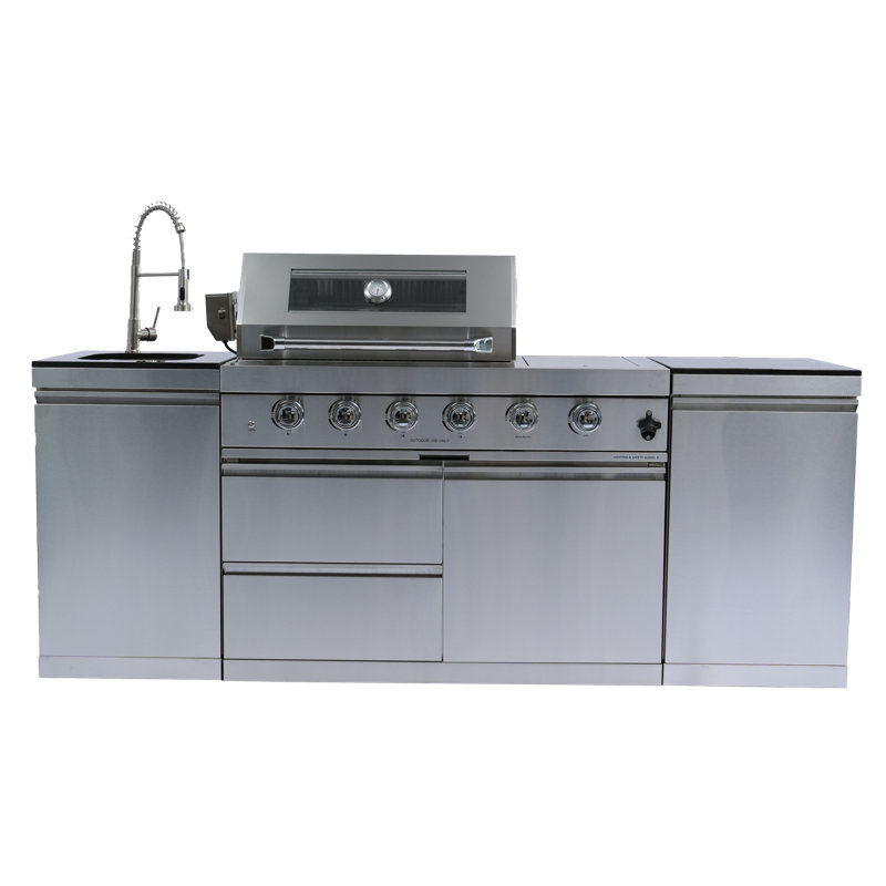 Îlot de barbecue au propane de 85 po à 4 brûleurs avec brûleur latéral, rôtissoire, évier d'extérieur et armoire en acier inoxydable