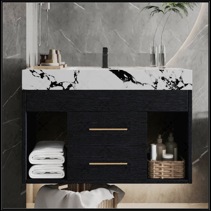 Meuble-lavabo flottant moderne de 29,9 pouces avec comptoir en pierre frittée et lavabo encastré en céramique, pour les petites salles de bain et les appartements