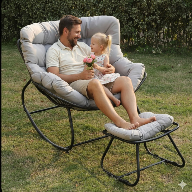Light Gray Egg Rocking Chair With Ottoman, All-Weather Wicker Lounge & Cushions, Light Gray, Light Gray