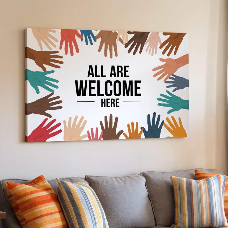 Reproduction d'art sur toile, "In a Vibrant Inclusive Design" With a Multitude of Handprints, art mural dans divers tons de peau