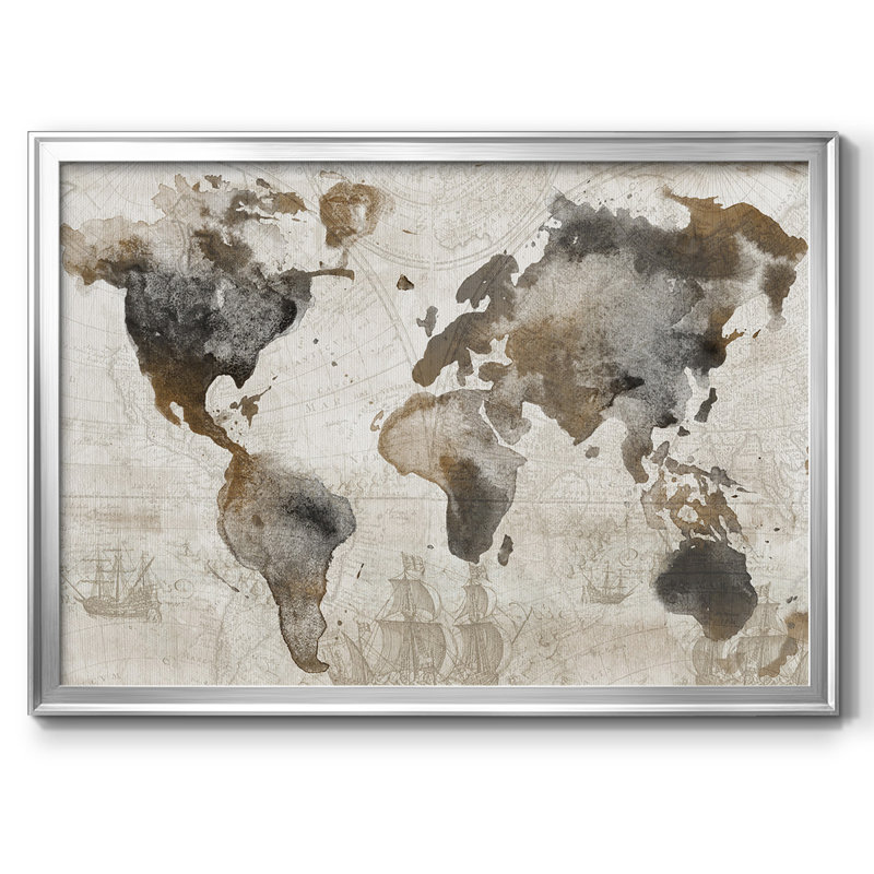 Carte antique encadrée sur toile, Argent, H 14 po x l 20 po x P 1,5 po