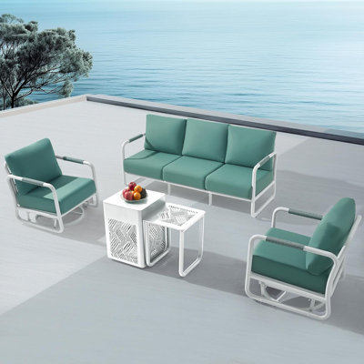 Ensemble de mobilier d'extérieur en aluminium pour patio, canapé de conversation 5 places avec 2 chaises berçantes pivotantes et foyer d'extérieur de 45 000 BTU