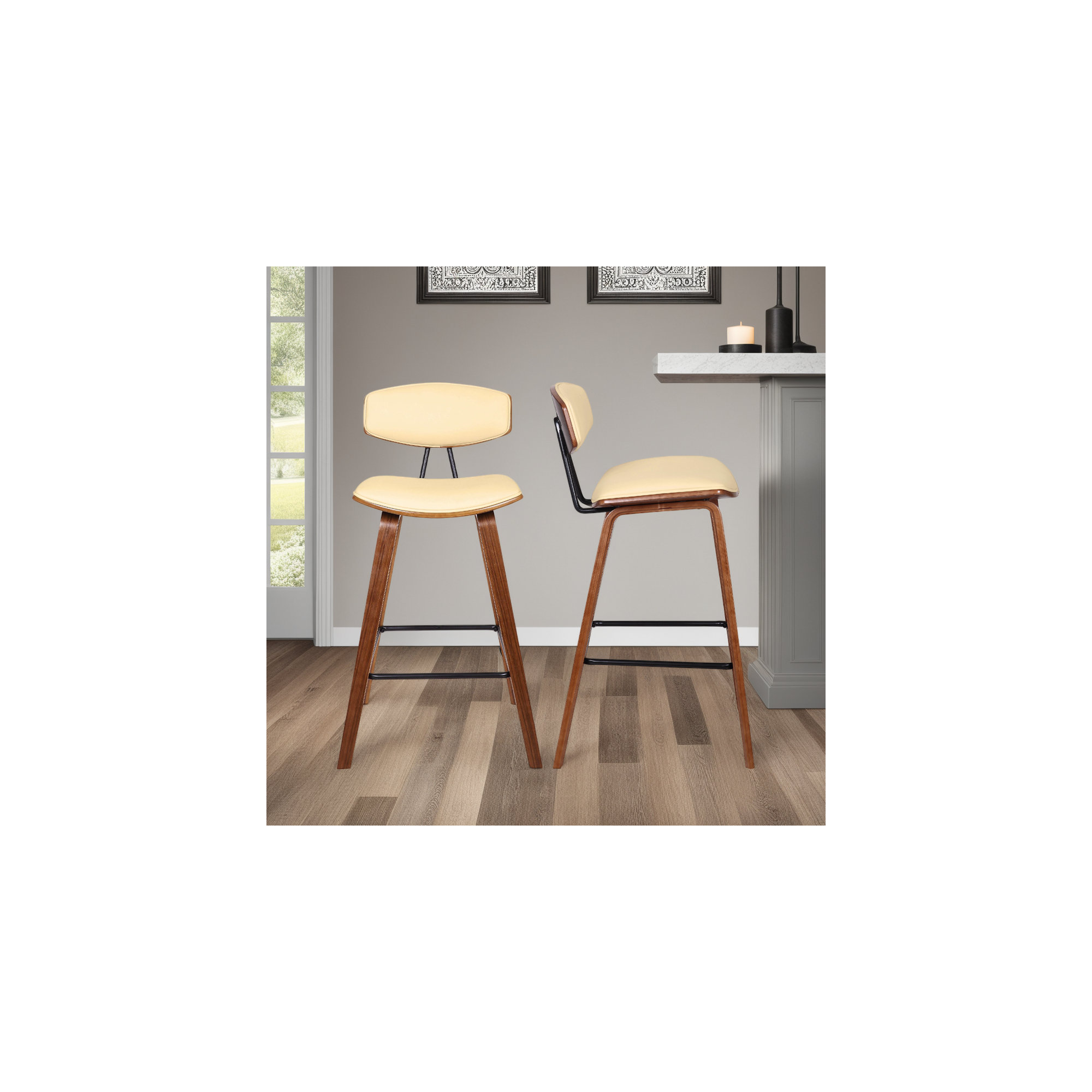 Payton Vegan Leather Bar & Counter Stool, Bar Stool (29" Seat Height), Cream Faux Leather, Walnut