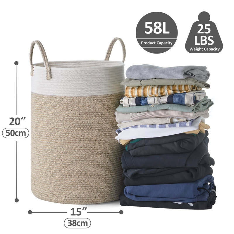 Fabric Laundry Basket with Handles, White/Brown