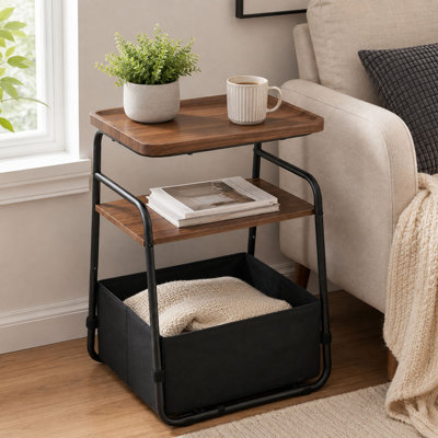 Small Side Table with Fabric Drawer, 3 Tier End Table with Storage Shelf