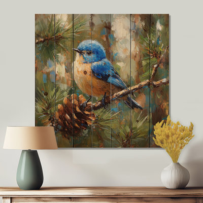 Cheery Bluebird In The Pines II - Bird Wood Wall Decor - On Natural Pine Wood
