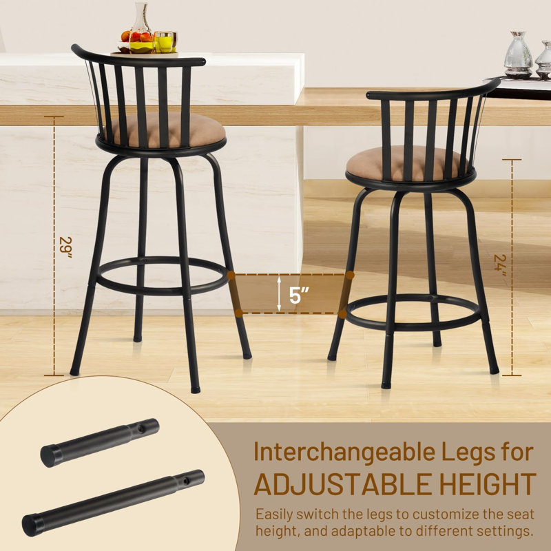 Ensemble de 2 tabourets de bar classiques de style campagnard avec dossier et repose-pieds, tabourets pivotants à hauteur de comptoir pour îlot de cuisine, bistro, restaurant, brun rustique et noir