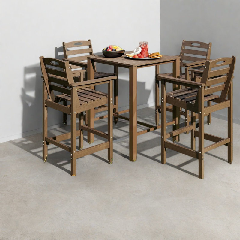 Modern Patio Bar Sets, HDPE 5 Piece Set, Spacious Contemporary Outdoor Dining, Brown