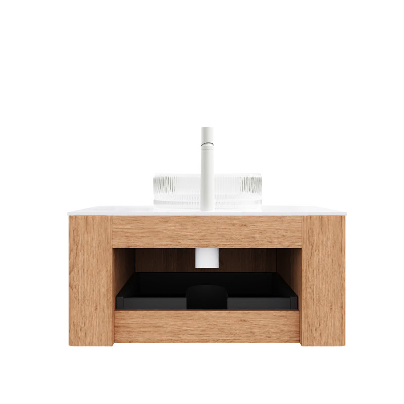 Meuble-lavabo de 30 po avec lavabo rond en verre transparent, armoire flottante, finition naturelle, pré-assemblé, rangement spacieux, tiroir à fermeture en douceur, conception à rayures 3D, lavabo en cristal, fabrication en contreplaqué,