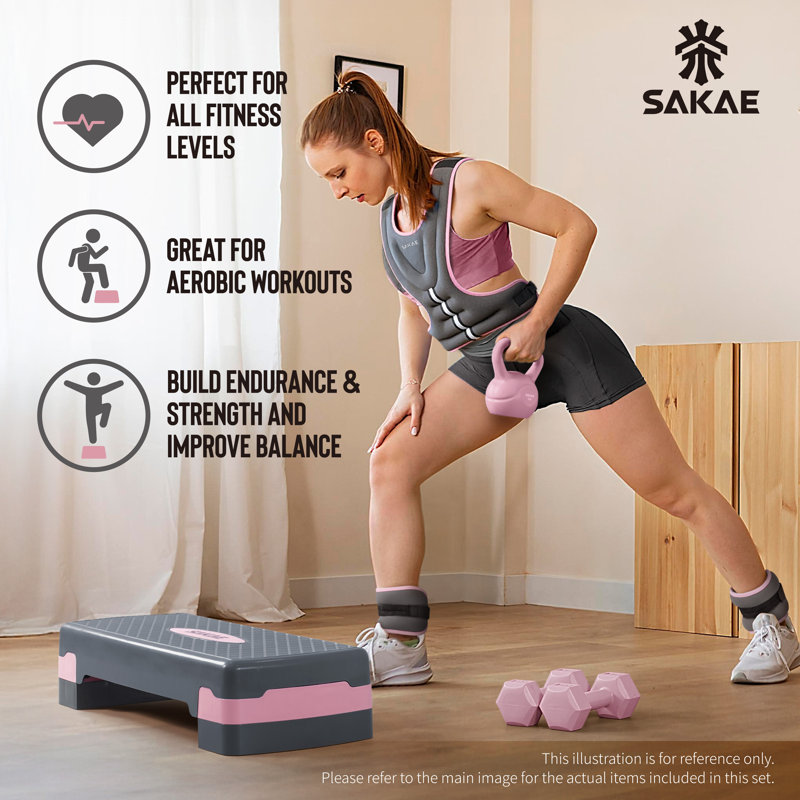 Ensemble de plate-forme de marche rose avec poids à la cheville et ruban à mesurer, rehausse d'entraînement à 2 niveaux à hauteur réglable, marchepieds aérobiques pour la gymnastique à domicile