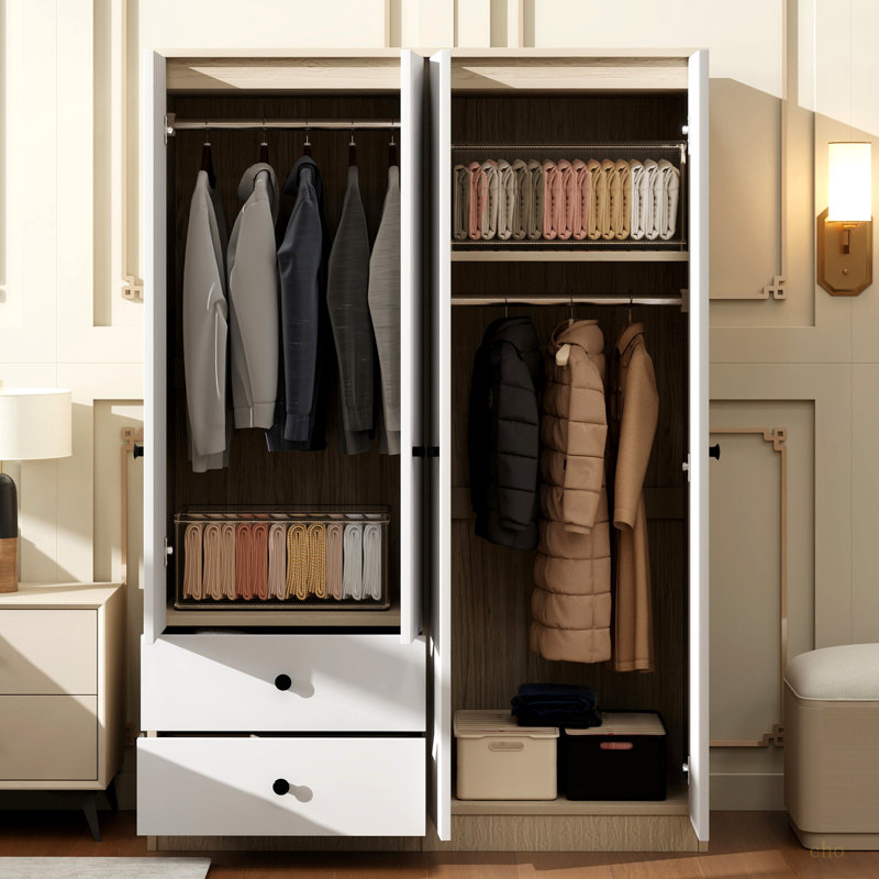 Garde-robe 4 portes avec tiroirs, tablette et tringle, blanc