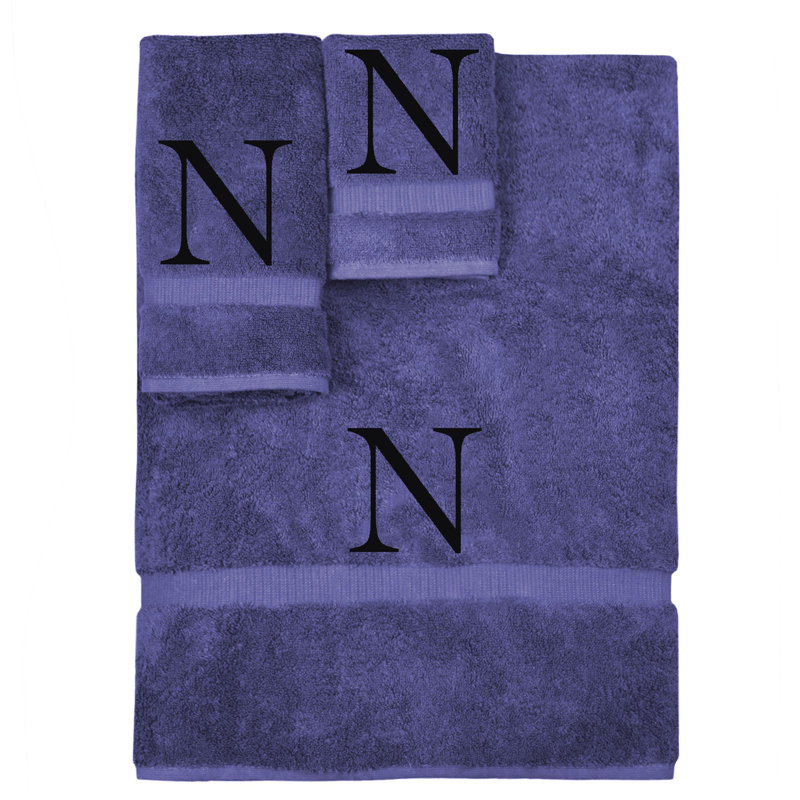 Ensemble de serviettes monogrammées - ensemble de 3 - lettre-bloc, N, Bleu marine / Noir