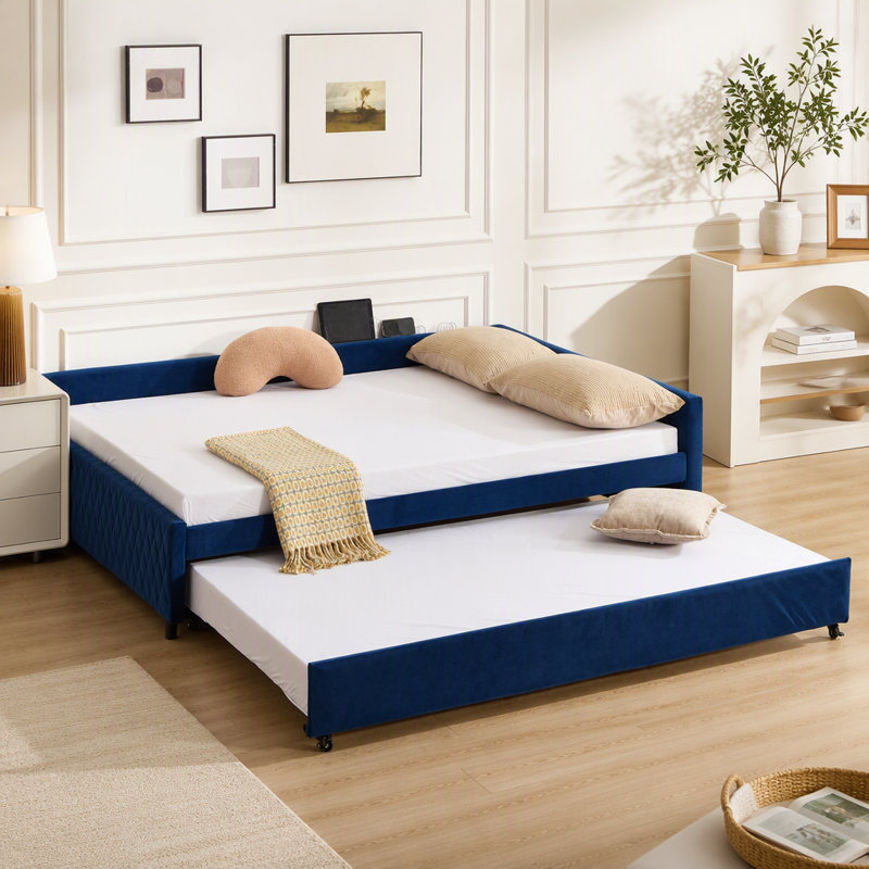 Lit de jour rembourré avec lit gigogne, structure de lit en bois robuste, conception de grille de diamant moderne, pour chambre à coucher, chambre d'amis (bleu marine)