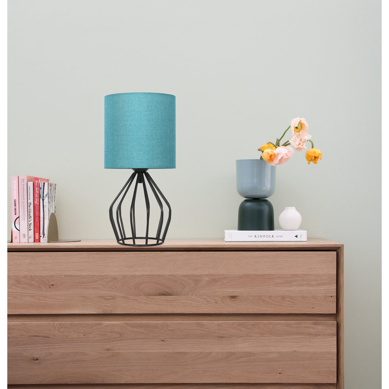 Table Desk Lamp with fabric lamp shade & Wire Geometric Base, Black, Blue
