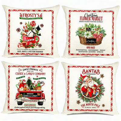 Holiday Cheer Pillow Covers - Set of 4, Festive Deer Snowman Cookie Candy Flower Design, Throw Pillows for Couch Sofa Decorations