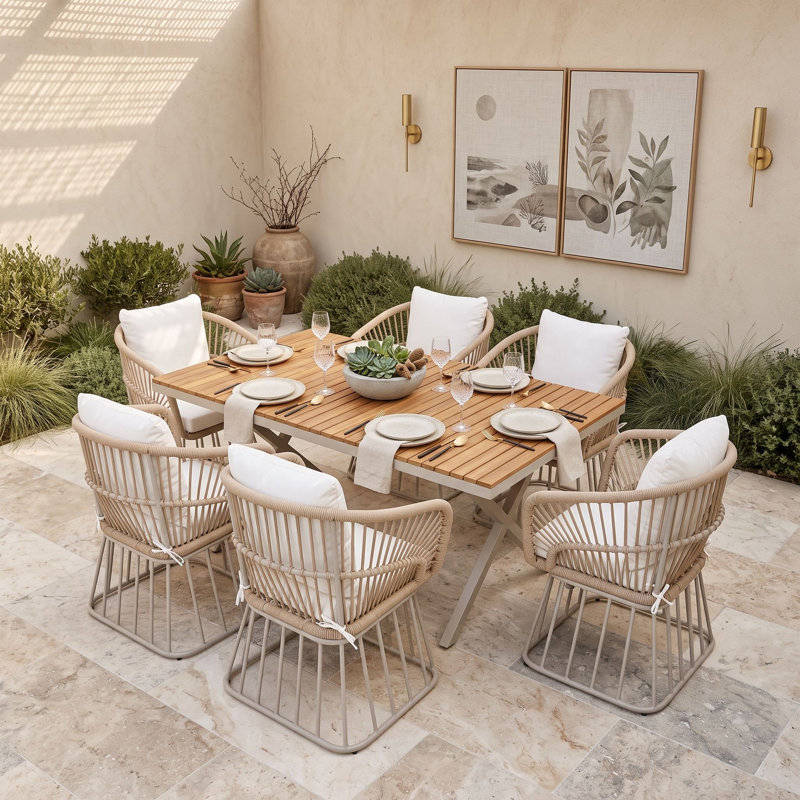 Ensemble repas d'extérieur 7 pièces avec table rectangulaire, 6 fauteuils en osier et coussins de patio amovibles