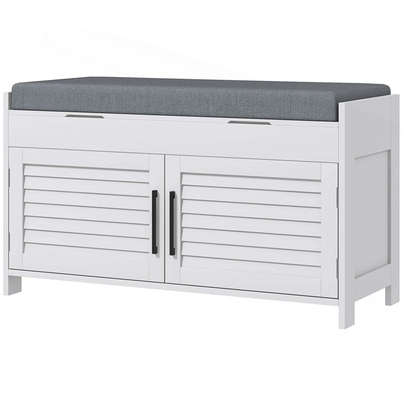 Banc à chaussures, banc d'entrée avec rangement pour chaussures, coussin, compartiments cachés, tablettes réglables et portes à volets