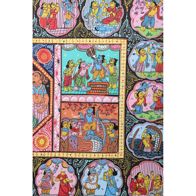«Krishna with Gopis Pattachitra», peinture sur toile par Purna Chandra, décoration murale H 24 po x l 40 po Odisha